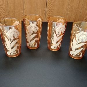 Jeannette Glass Set. Vintage Yellow Rose Gold. Shiny. Floral